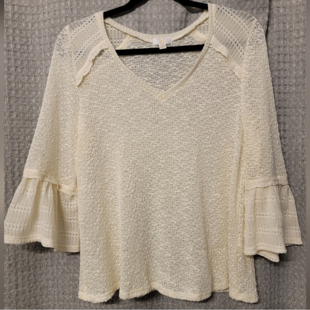 CHARMING CHARLIE Elegant Ivory White Quarter Sleeve Ruffle Sweater Blouse